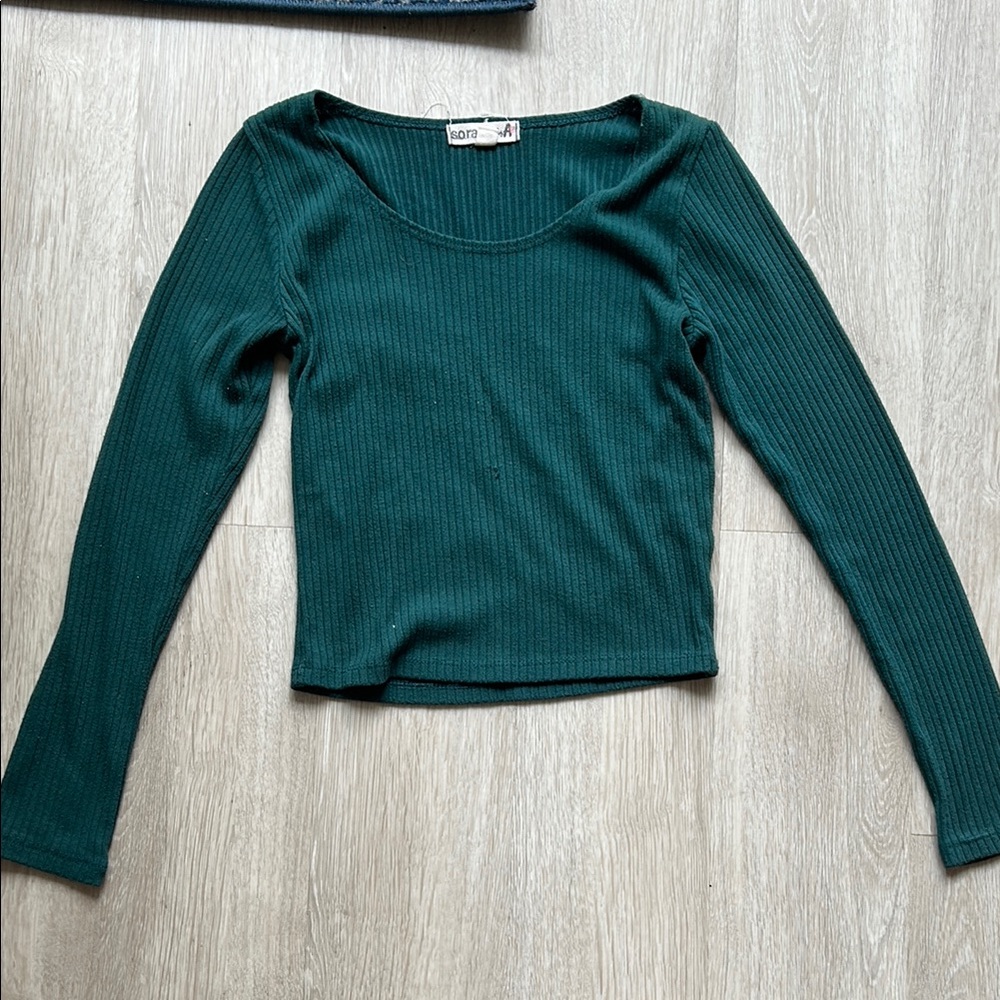 Green Long Sleeve Fitted Crop Blouse